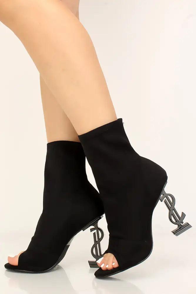 Black Lycra Knit Monogram Peep Toe Booties - AMIClubwear