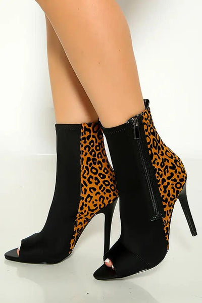 Black Lycra Leopard Print Peep Toe High Heel Booties - AMIClubwear