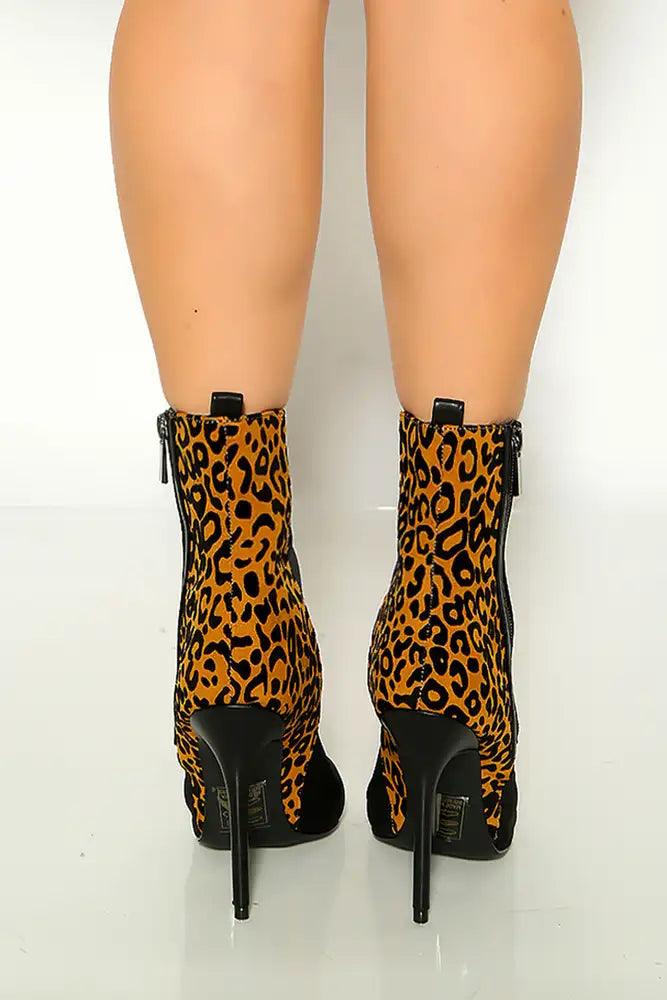 Black Lycra Leopard Print Peep Toe High Heel Booties - AMIClubwear