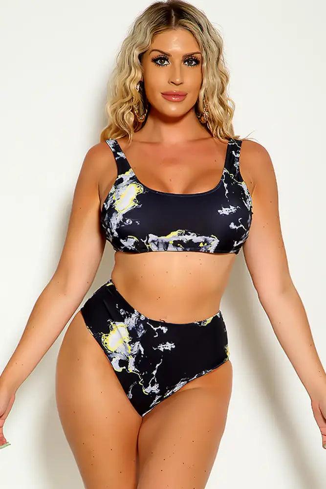 Black Marble Sleeveless High Waist Two piece Swimsuit - AMIClubwear