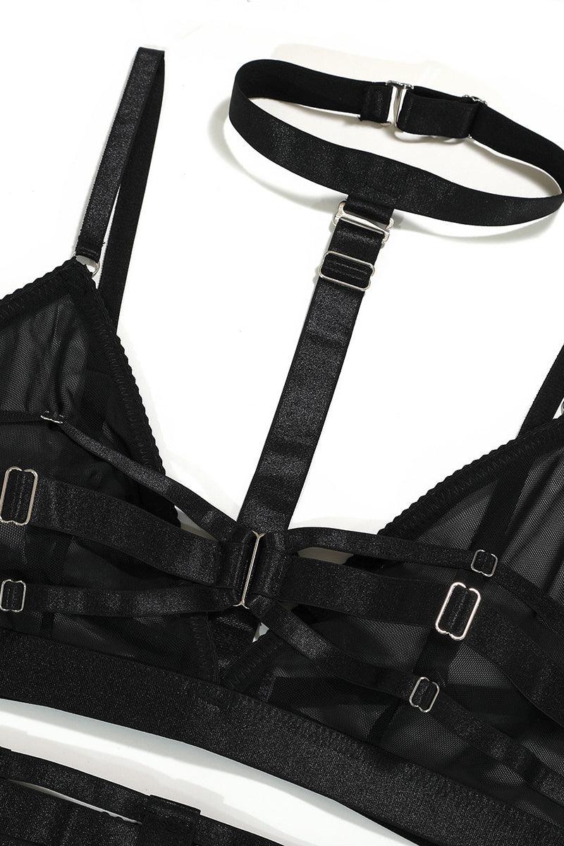 Black Mesh Choker Cut Out Sexy Lingerie 5 Pc Set - AMIClubwear
