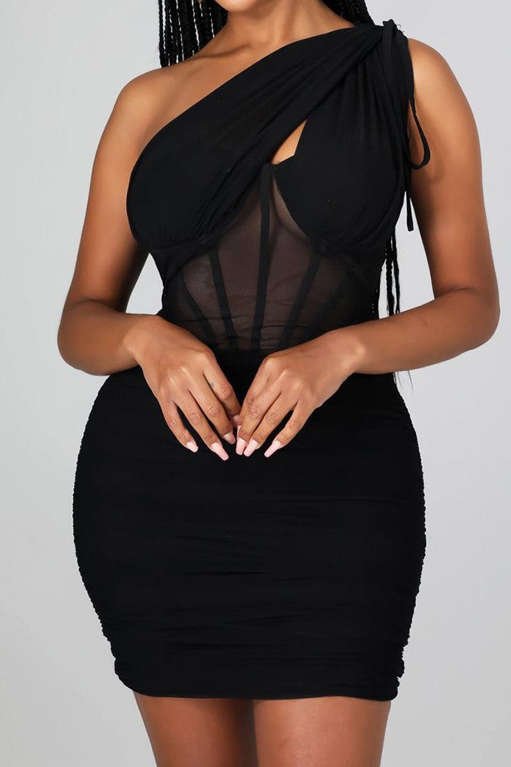 Black Mesh Corset Accent Sleeveless Sexy Party Dress - AMIClubwear