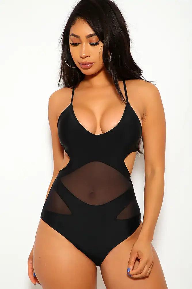 Black Mesh Cut Out Detail One Piece Swimsuit - AMIClubwear