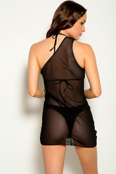 Black Mesh Dress Coverup Cheeky Three Piece Swimsuit - AMIClubwear