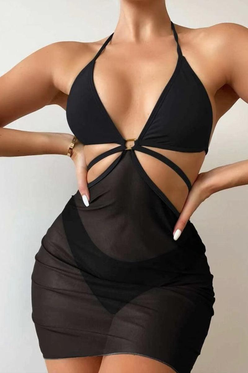 Black Mesh Halter Three Piece Sexy Swimsuit - AMIClubwear