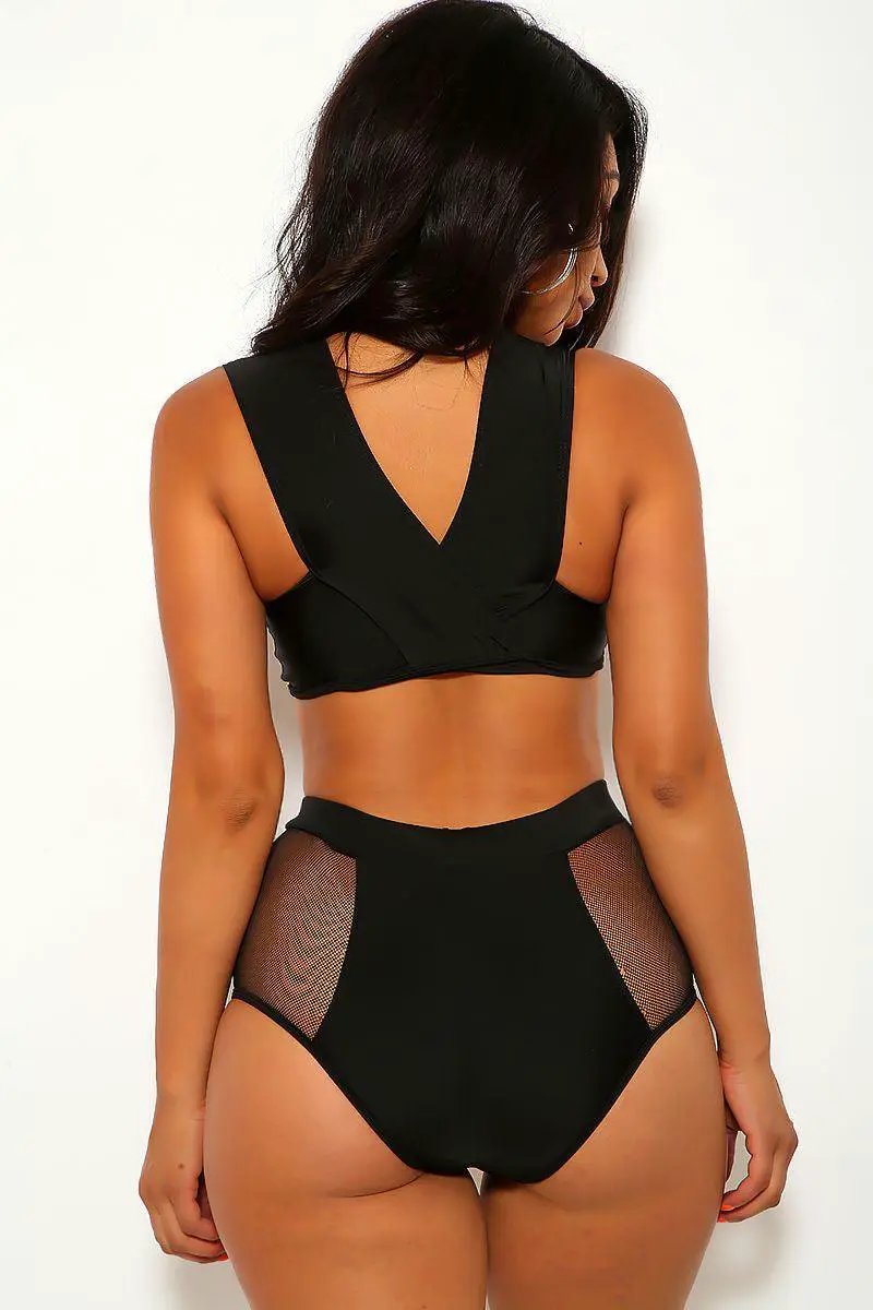 Black Mesh High Waist Two Piece Swimsuit
