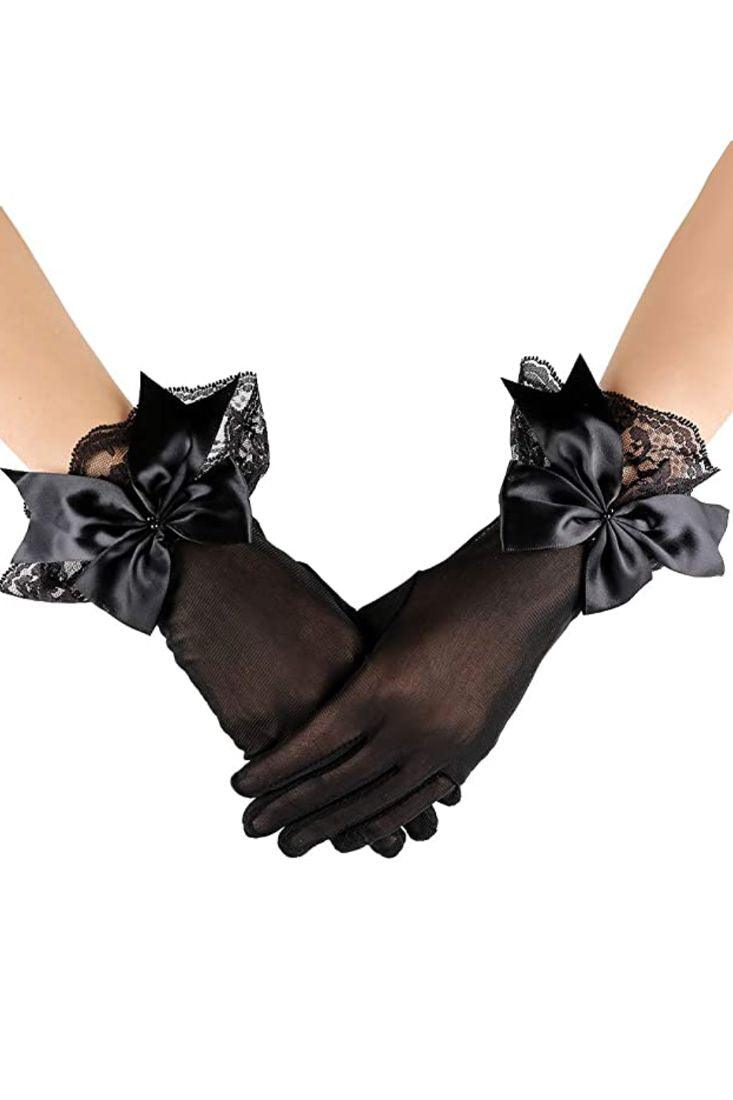 Black Mesh Lace Bow Detail Gloves - AMIClubwear