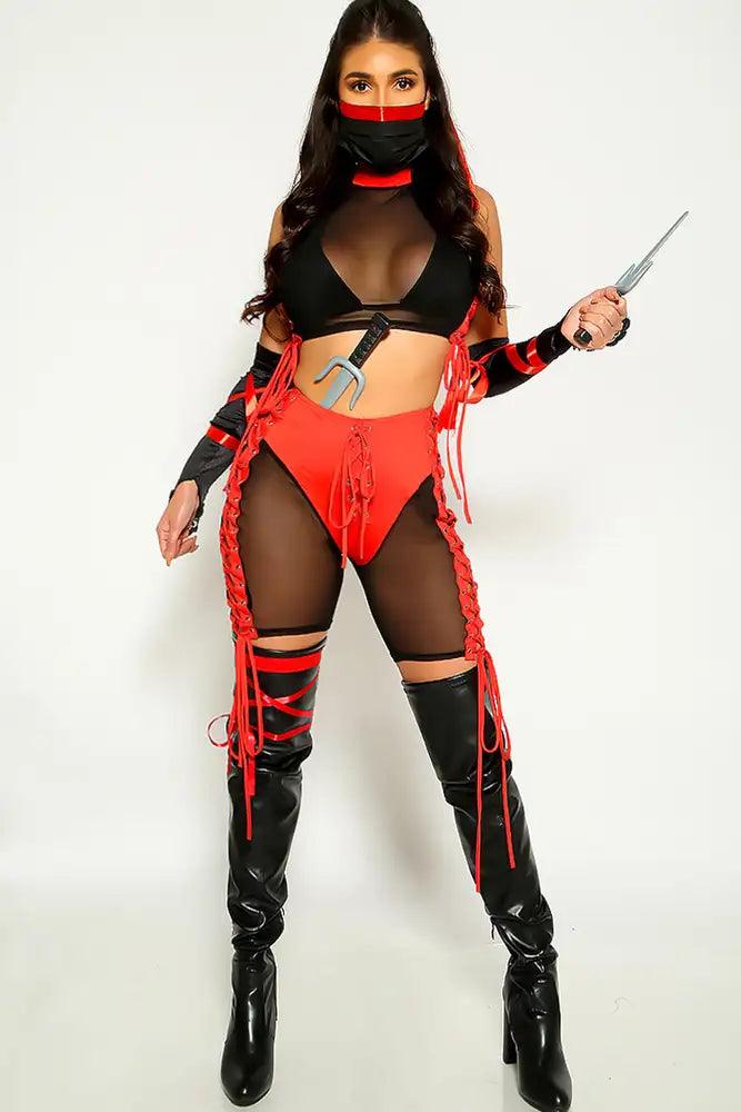 Black Mesh Lace Up Sexy Ninja 4 Piece Costume - AMIClubwear