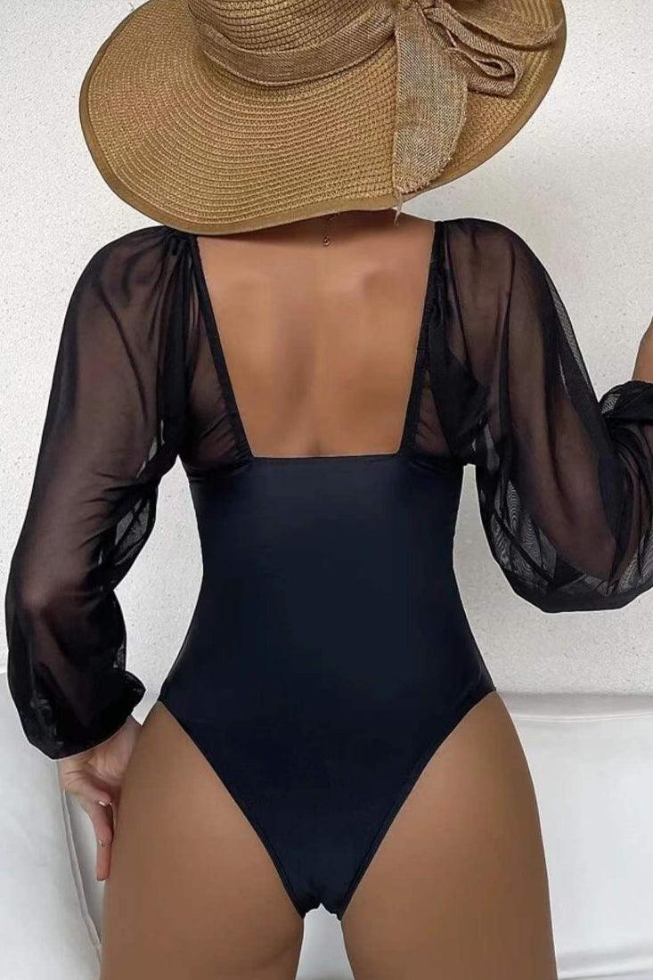 Black Mesh Long Sleeve O-Ring Sexy One Piece Swimsuit - AMIClubwear