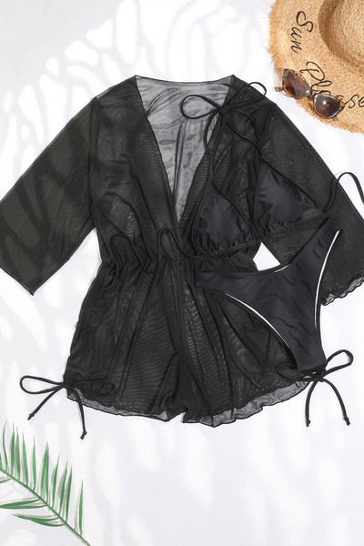 Black Mesh Long Sleeve Three Piece Sexy Swimsuit - AMIClubwear