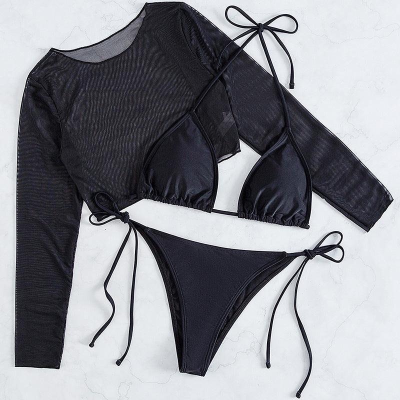 Black Mesh Long Sleeve Three Piece Swimsuit - AMIClubwear