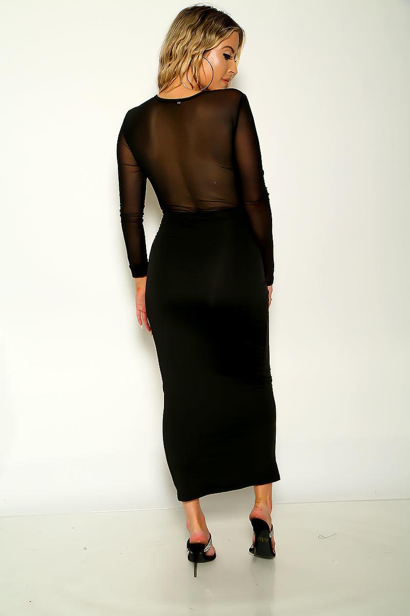 Black Mesh Long Sleeves Maxi Party Dress - AMIClubwear