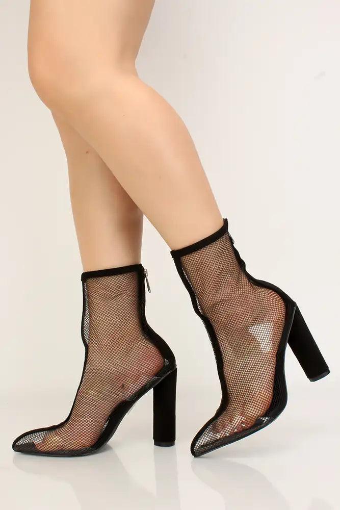 Black Mesh Netted Chunky Heel Booties - AMIClubwear