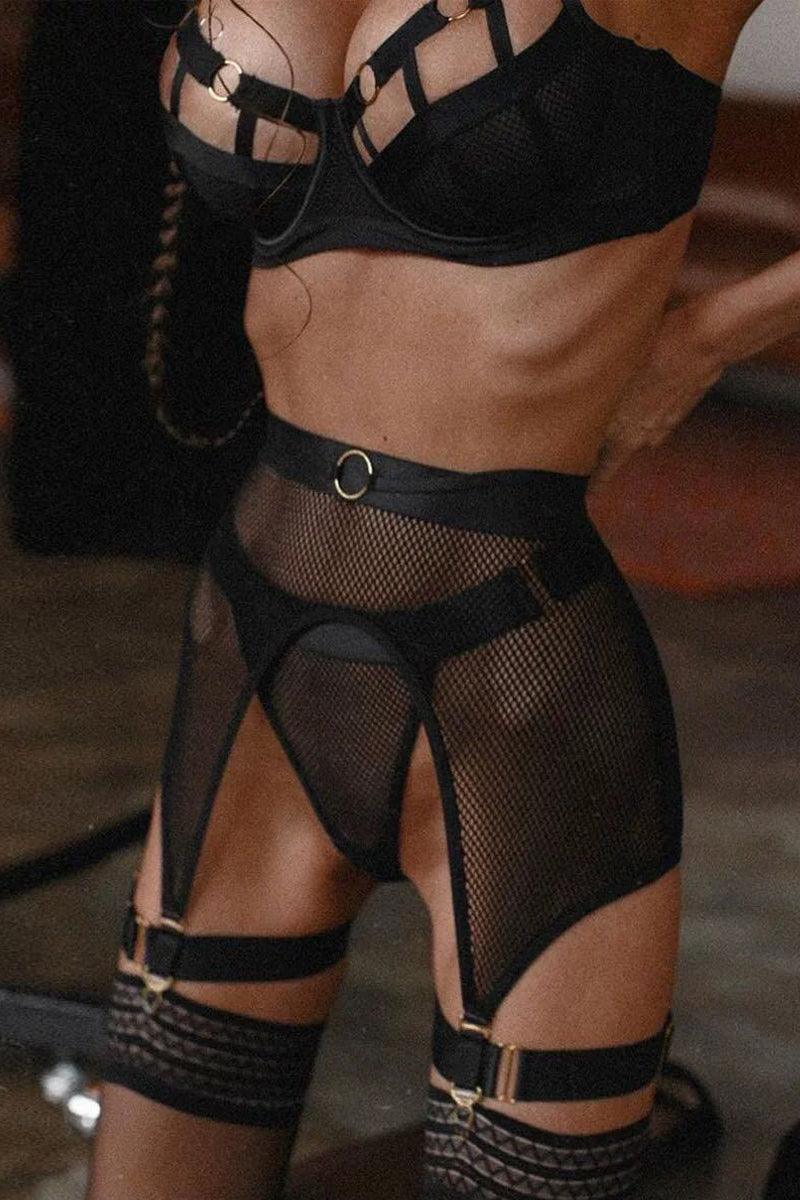 Black Mesh Netted Cut Out Underwire Garter Sexy Lingerie Set - AMIClubwear