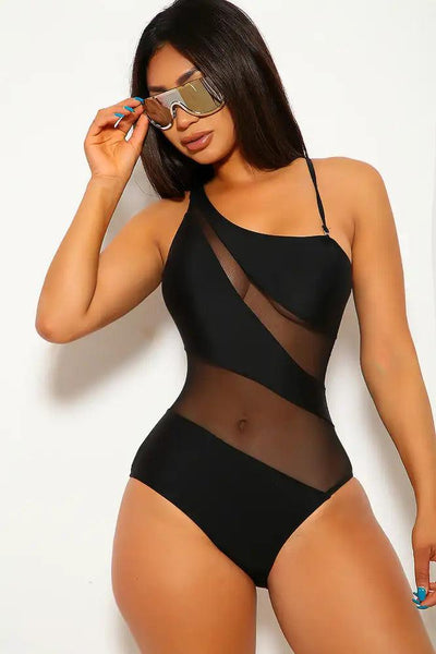 Black Mesh One Shoulder One Piece Swimsuit - AMIClubwear