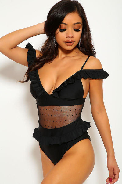 Black Mesh Polka Dot One Piece Swimsuit - AMIClubwear