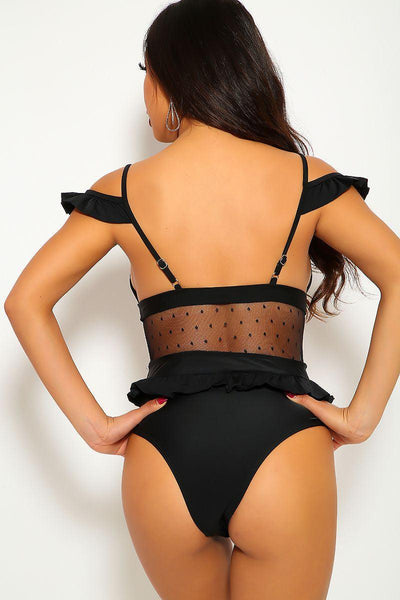 Black Mesh Polka Dot One Piece Swimsuit - AMIClubwear