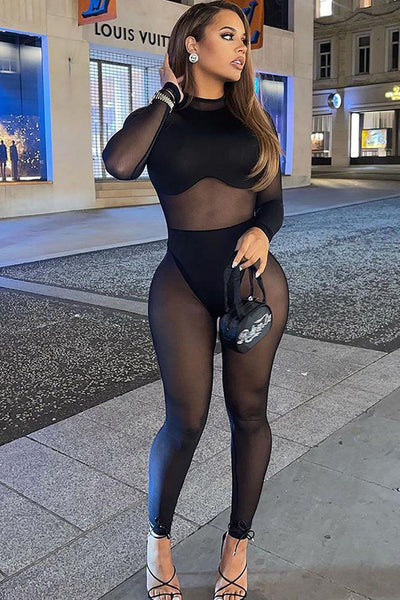 Black Mesh Round Neck Long Sleeve Sexy Jumpsuit - AMIClubwear