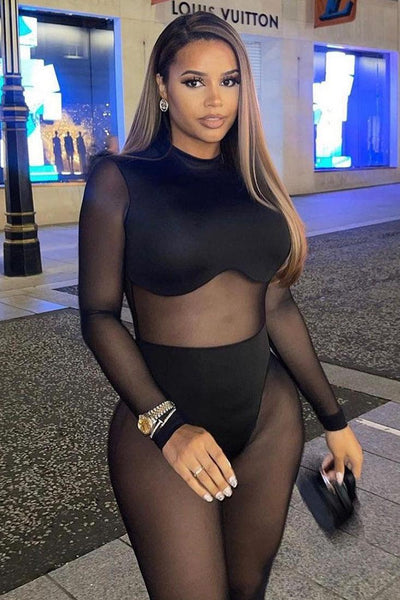 Black Mesh Round Neck Long Sleeve Sexy Jumpsuit - AMIClubwear