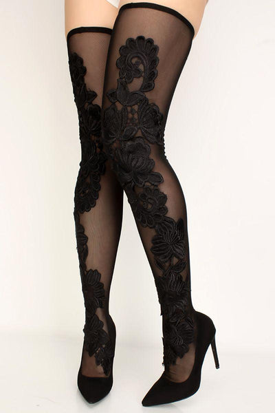 Black Mesh Thigh High Pointy Toe Boots - AMIClubwear