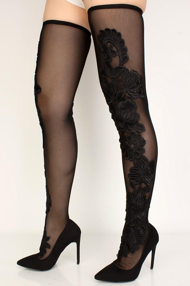 Black Mesh Thigh High Pointy Toe Boots - AMIClubwear