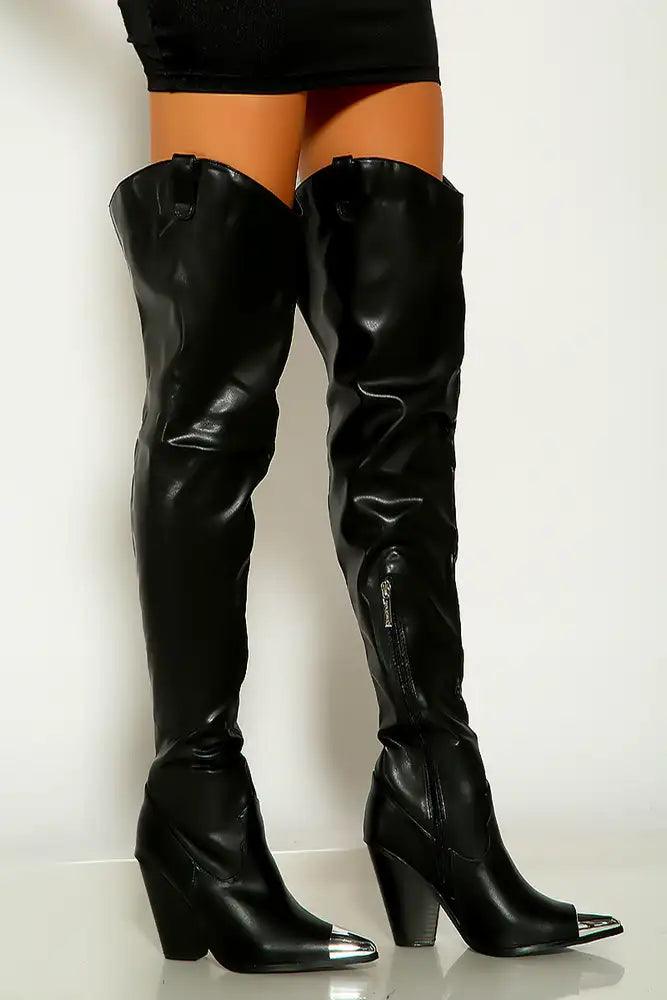 Black Metallic Pointy Toe Cow Girl Boots - AMIClubwear