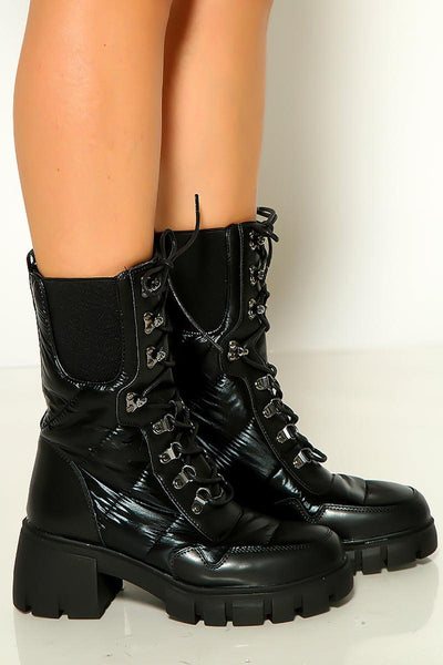 Black Metallic Quilted Lace Up Combat Ankle Boots - AMIClubwear