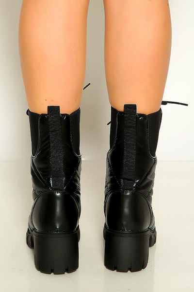 Black Metallic Quilted Lace Up Combat Ankle Boots - AMIClubwear