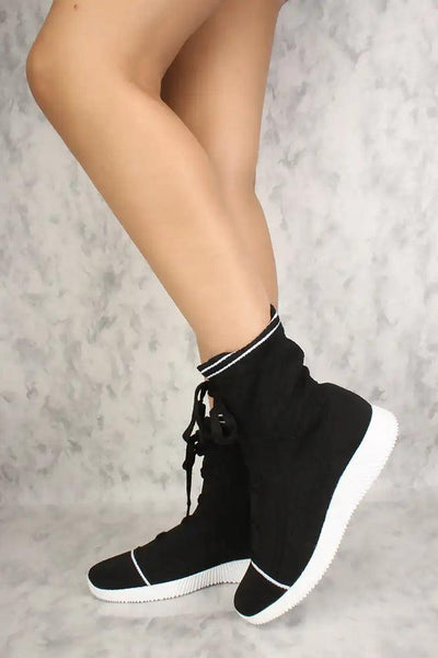 Black Mid Calf Knitted Lace Up Casual Sneakers Flats - AMIClubwear