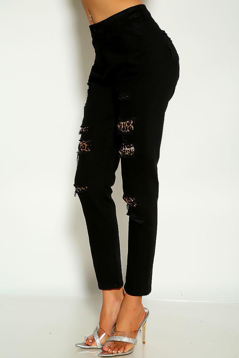 Black Mid Rise Cut Out Leopard Print Detail Denim Skinny Jeans - AMIClubwear