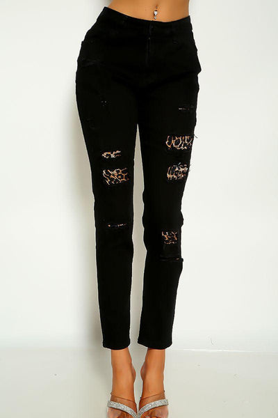 Black Mid Rise Cut Out Leopard Print Detail Denim Skinny Jeans - AMIClubwear