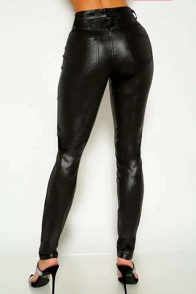 Black Mid Rise Faux Leather Pants - AMIClubwear