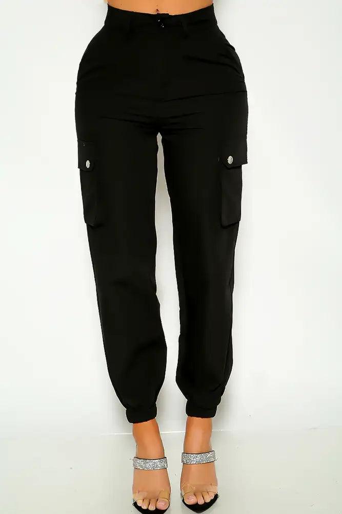 Black Mid Rise Metal Accent Cargo Pants - AMIClubwear