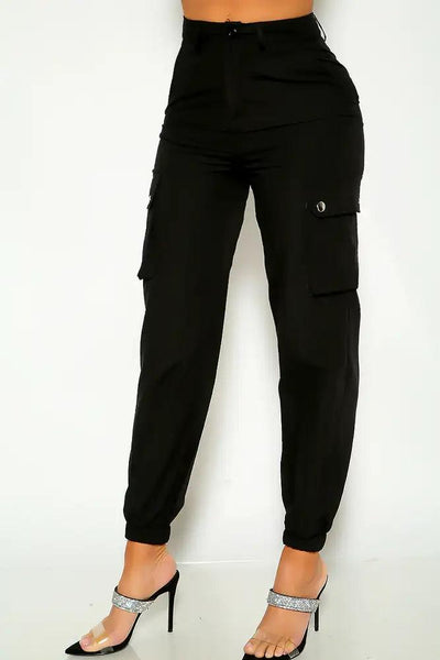 Black Mid Rise Metal Accent Cargo Pants - AMIClubwear