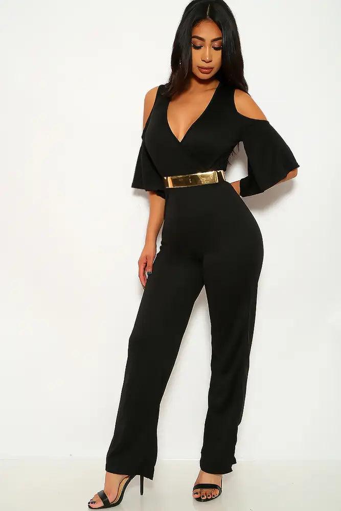 Black Mid Sleeve Belted Dressy Jumpsuit - AMIClubwear