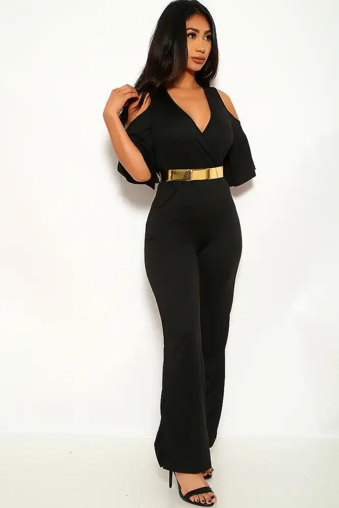 Black Mid Sleeve Belted Dressy Jumpsuit - AMIClubwear