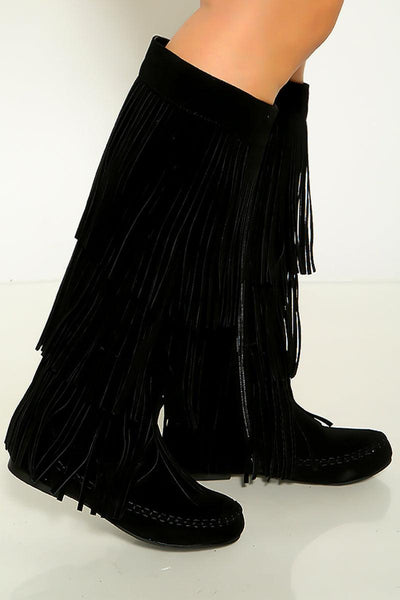 Black Moccasin Fringe Knee High Suede Flat Boots - AMIClubwear