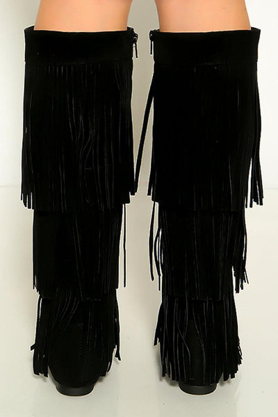 Black Moccasin Fringe Knee High Suede Flat Boots - AMIClubwear