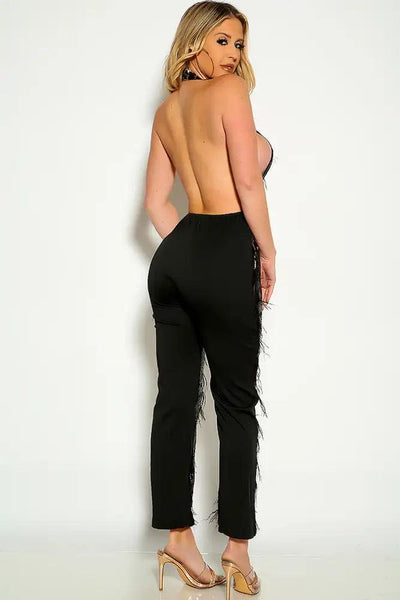 Black Mock Neck Backless Sequins Fringe Jumpsuit - AMIClubwear