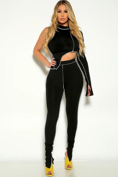 Black Mock Neck Stitched Detail Two Piece Outfit - AMIClubwear
