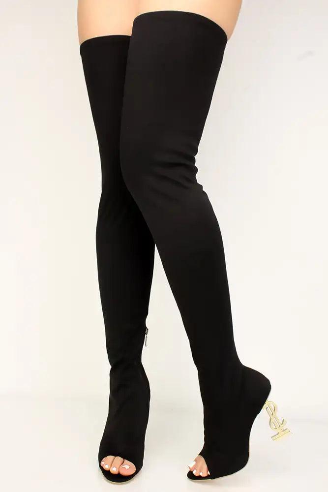 Black Monogram Thigh High Lycra Boots - AMIClubwear