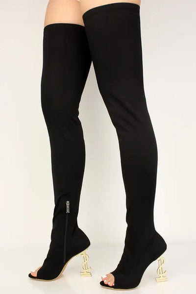 Black Monogram Thigh High Lycra Boots - AMIClubwear