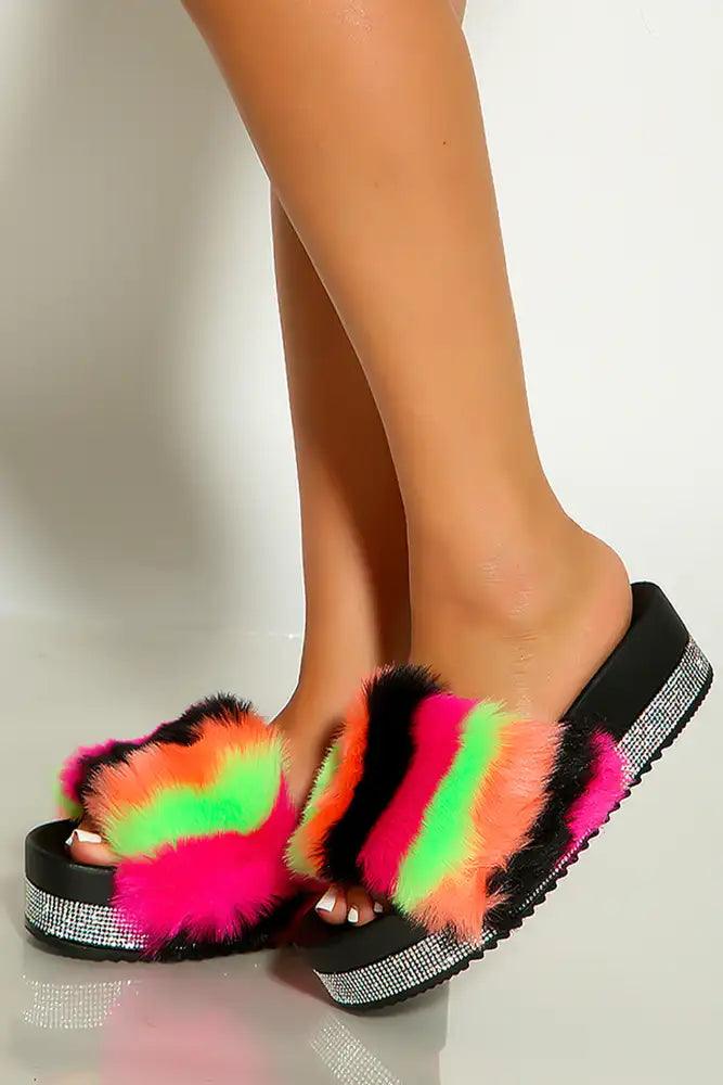 Black Multi Colored Faux Fur Open Toe Rhinestone Platform Sandals - AMIClubwear