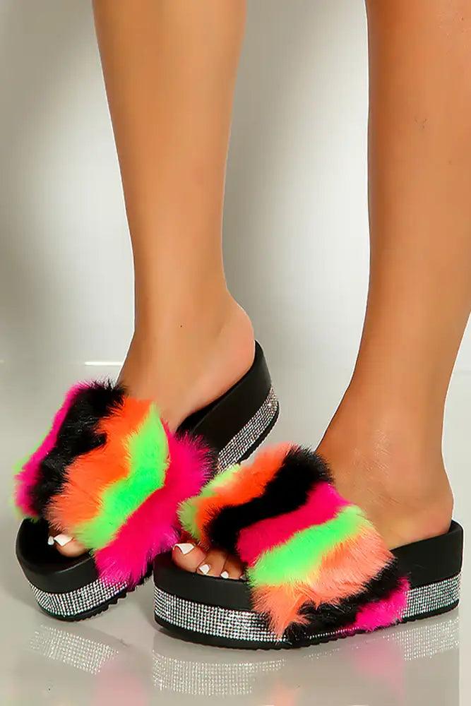 Black Multi Colored Faux Fur Open Toe Rhinestone Platform Sandals - AMIClubwear