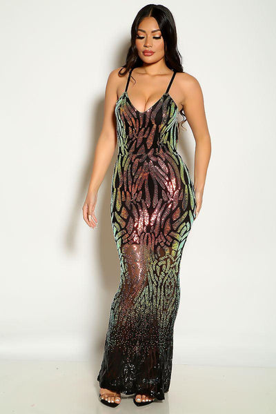 Black Multi Colored Sequins Maxi Party Dress - AMIClubwear