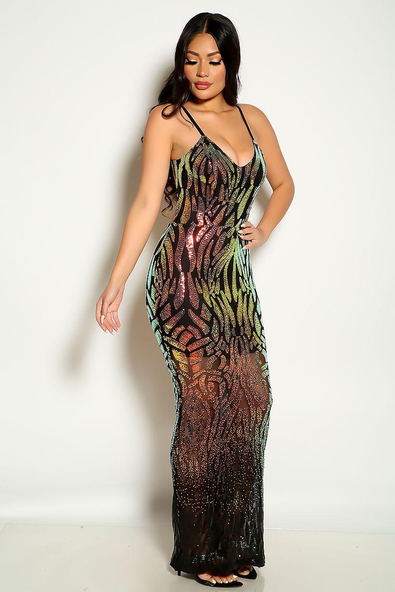 Black Multi Colored Sequins Maxi Party Dress - AMIClubwear