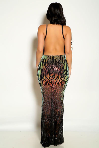 Black Multi Colored Sequins Maxi Party Dress - AMIClubwear