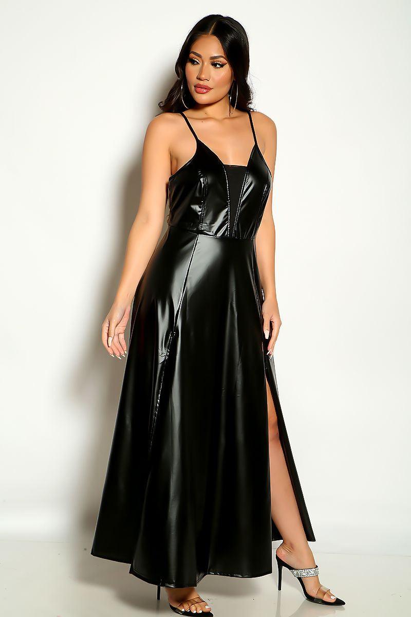 Black Multi Faux Leather Double Slit Maxi Dress - AMIClubwear