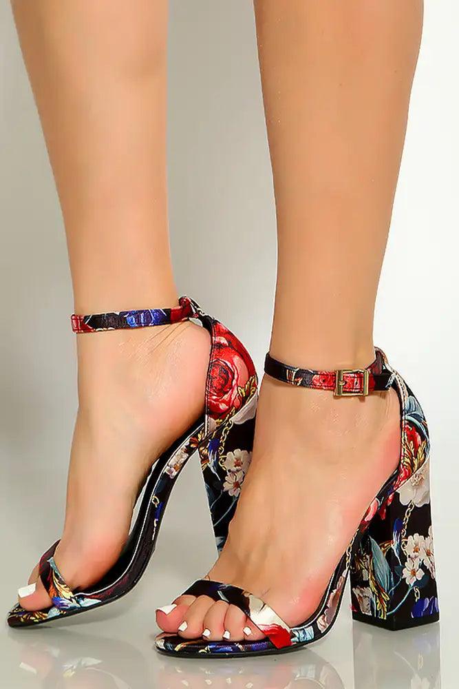 Black Multi Floral Print Open Toe Ankle Strap Chunky High Heels - AMIClubwear