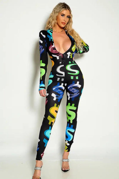 Black Multi Long Sleeve Dollar Sign Front Zip Up Detail Jumpsuit - AMIClubwear